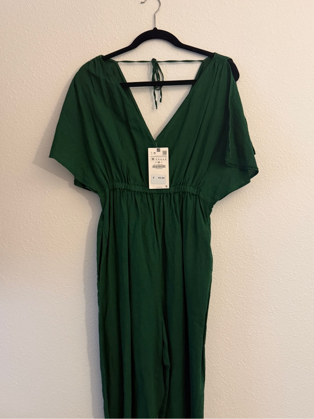 Zara Dark Green V-Neck Tied-Back Flowy Jumpsuit